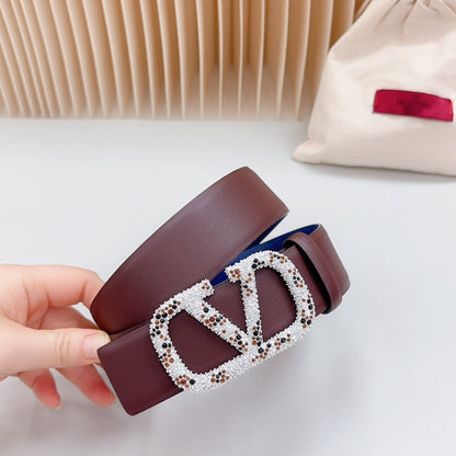 VALENTINO Vlogo Brown Black White Stone Silver Buckle Belt 40mm Chocolate Blue Leather