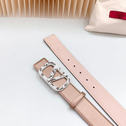 VALENTINO Vlogo Brown Black White Stone Silver Buckle Belt 40mm Brown Light Pink Leather