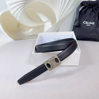 CELINE CL MEDIUM 25 MM REVERSIBLE FRAMED TRIOMPHE BELT BLACK CALFSKIN LIGHT SILVER HARDWARE