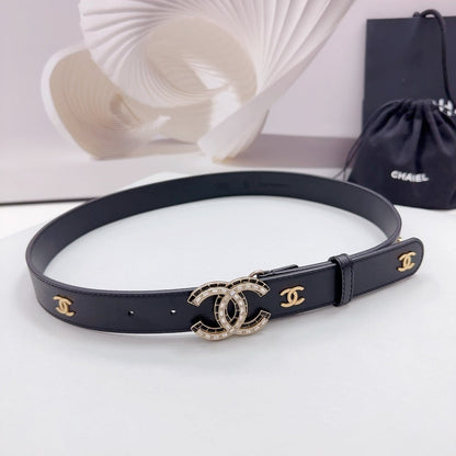 CHANEL 30MM BELT IN BLACK SMOOTH CALFSKIN METAL LOGO GOLD HARDWARE