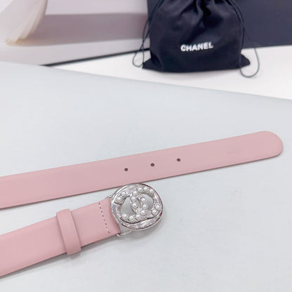 CHANEL 30MM BELT IN FLAMINGO PINK CALFSKIN SILVER HARDWARE ATTACH PEARLS