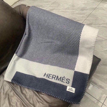 HERMES H RIVIERA BLANKET 200 CM IN NAVY BLUE WOOL AND CASERE 136856