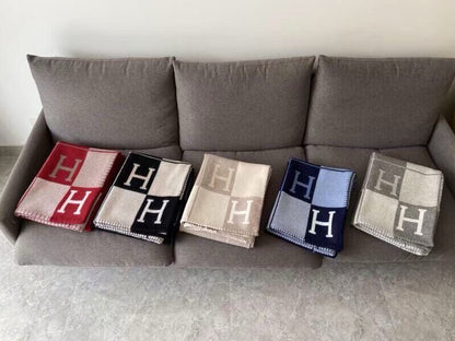 HERMES AVALON III THROW BLANKET 175 CM IN KHAKI BROWN WOOL AND CASERE 351745