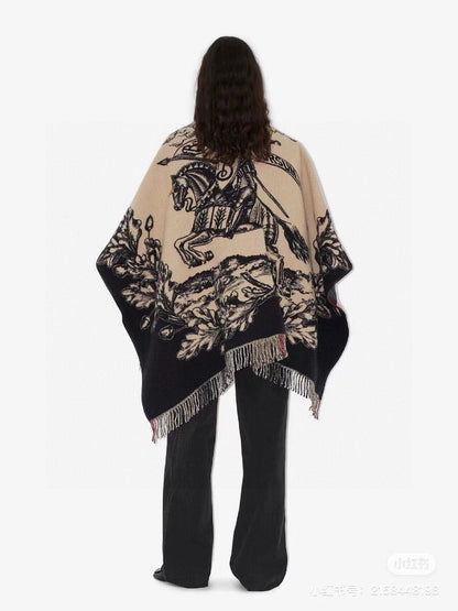 BURBERRY EQUESTRIAN KNIGHT WOOL CAPE 140 CM BEIGE MIX BLACK 403739