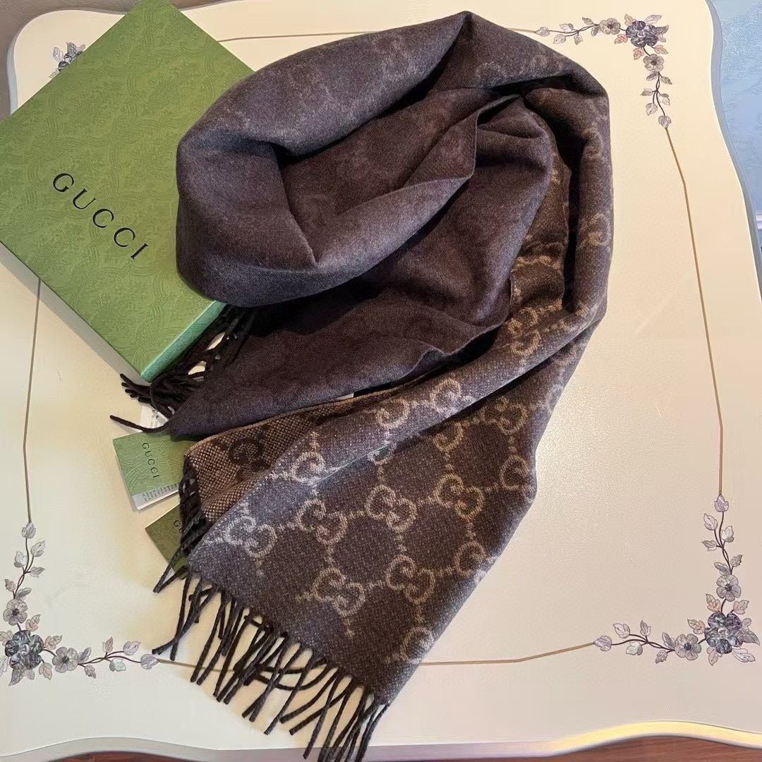 GUCCI SCARF 200 CM CHOCOLATE BROWN  CASHMERE JACQUARD 405133