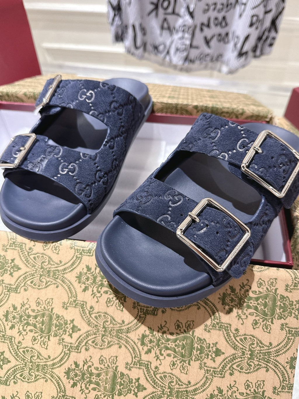 GUCCI SANDALS IN NAVY BLUE SUEDE EMBOSSED LOGO SILVER HARDWARE
