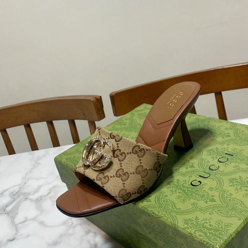 GUCCI 26S HEELED SLIDES 75 MM IN SAND BROWN CANVAS AND LAMBSKIN