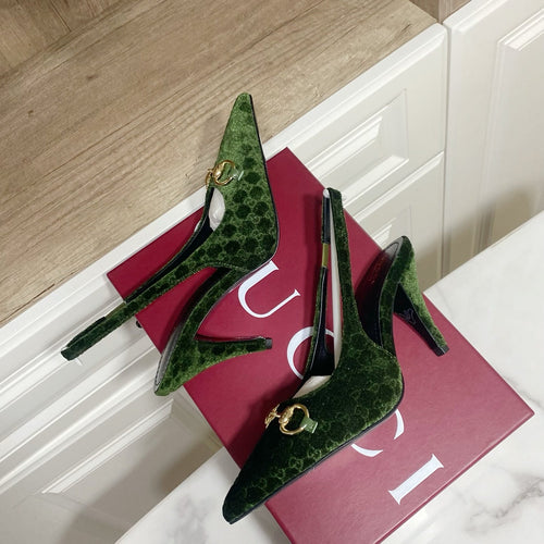 GUCCI 26S SLINGBACK HEELS 85 MM IN DARK GREEN VELVET