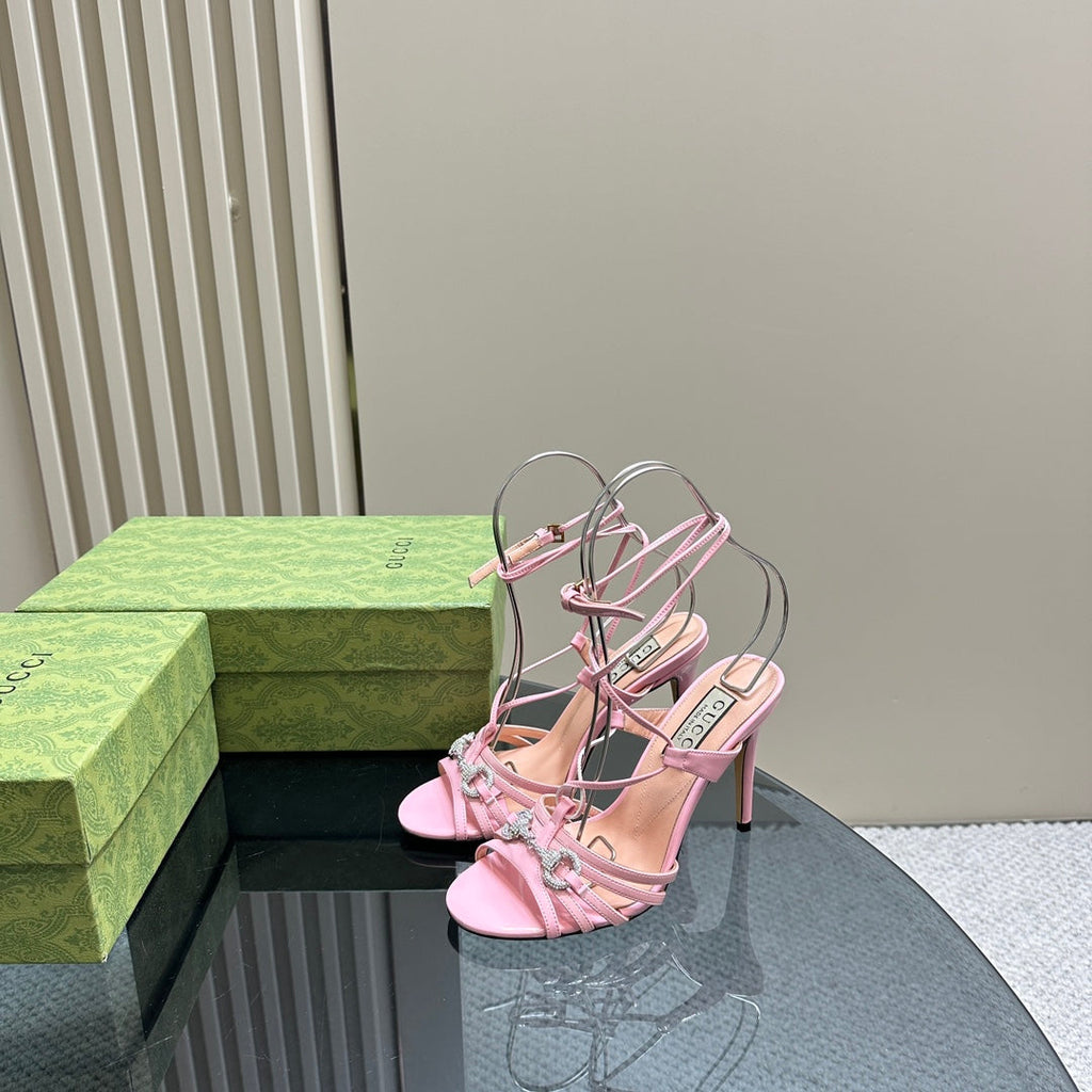GUCCI CRYSTAL HORSEBIT SANDAL PASTEL PINK LAMBSKIN