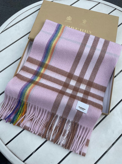 BURBERRY CHECK SCARF 200 CM IN LIGHT PINK MIX CAMEL BROWN CASHMERE 394750