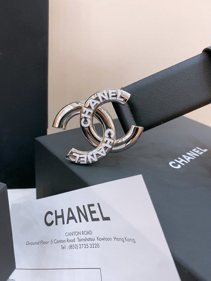 CHANEL DOUBLE C BELT 40MM IN BLACK CALFSKIN SILVER BUCKLE EMBOSSED WHITE LOGO