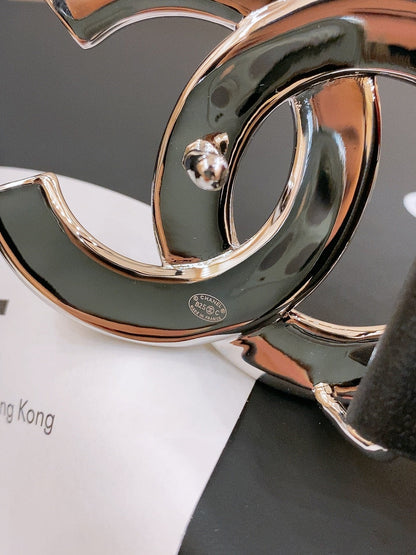 CHANEL DOUBLE C BELT 40MM IN BLACK CALFSKIN SILVER BUCKLE EMBOSSED WHITE LOGO