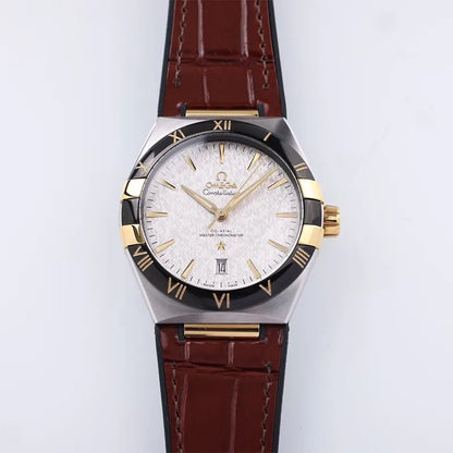 constellation Omega Silver Dial Leather Watch