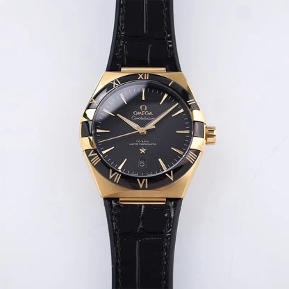 Omega Black Gold Leather Watch - Hình 2
