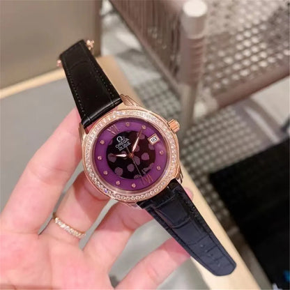 Omega Purple Diamond Leather Watch - Hình 5