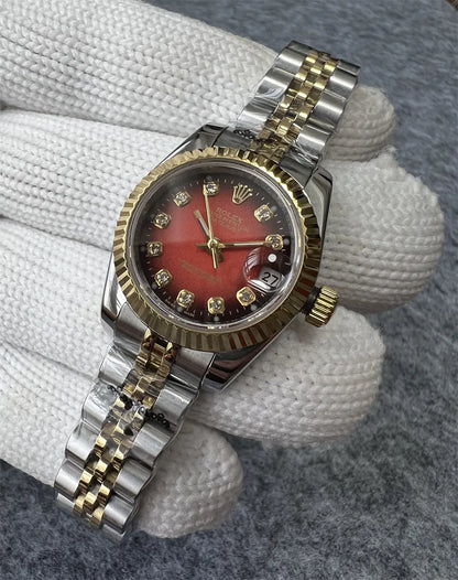 Rolex Red Dial Diamond Two-Tone - Hình 3