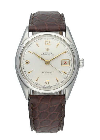 brown Rolex Oysterdate Precision Silver Dial